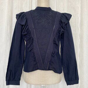 Simple Retro x Campos Lab Women's Peasant Top Small Blue Linen Cotton Blouse